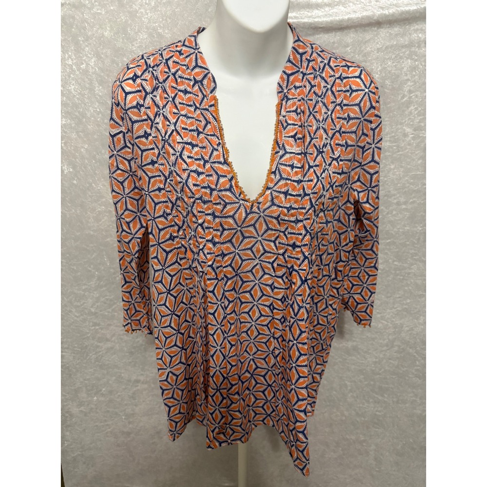 Roberta Roller Rabbit Orange Blue Geometric Beaded Pintuck Tunic Top Small‎
